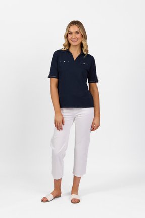 Collared polo with cuff detail-tops-Gaby's