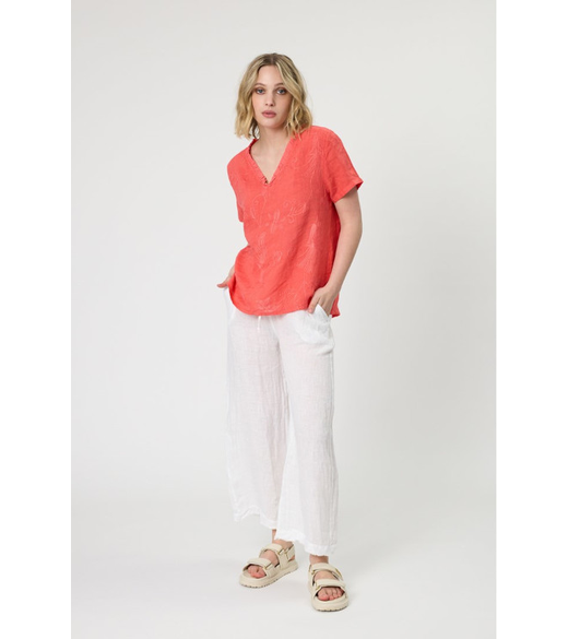 Linen frill top embroidered