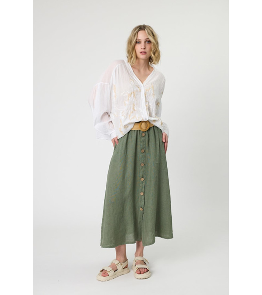 Linen button front skirt